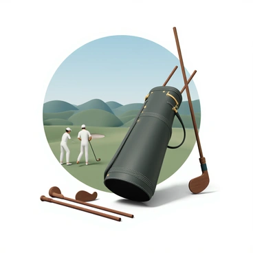 A vintage golf bag from the early 1900s, made of dark leather with brass fittings and intricate stitching. The bag is propped up against a wooden golf club, showcasing its rich texture and wear. Surrounding the bag are several wooden golf clubs with elongated shafts, featuring leather grips and wooden heads. The background depicts a lush green golf course with rolling hills, and a few early 20th-century golfers can be seen in white attire, playing in the distance. The scene captures a nostalgic atmosphere with a clear blue sky overhead.