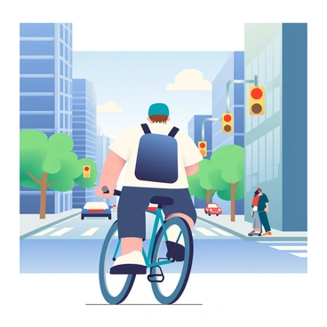 An office worker wearing a blue helmet and a black backpack is riding a bicycle on a city street. The cyclist has short brown hair and is dressed in a white shirt and dark trousers. Tall buildings with glass façades tower on either side of the road, reflecting the blue sky above. Bright red traffic lights are positioned at intersections, and green trees line the sidewalk, providing a touch of nature amidst the urban environment. The street is bustling with cars and pedestrians, showcasing a lively city atmosphere.