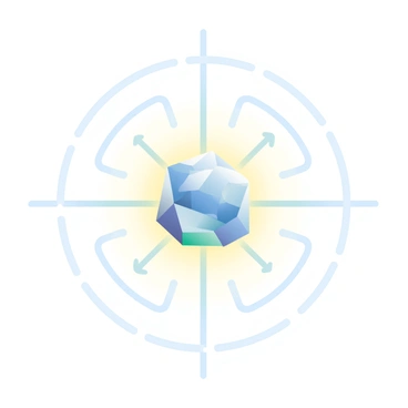 A crystal with inherent electric properties, such as quartz, is placed in the center of the image. Surrounding the crystal are lines representing the electric field, radiating outward in a symmetrical pattern. The lines are depicted in varying shades of blue and green, indicating the strength and direction of the electric field. The background is a soft gradient transitioning from light to darker shades, enhancing the focus on the crystal and the electric field lines. The crystal's surface has visible facets and highlights, showcasing its natural geometry and clarity.