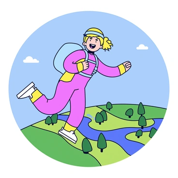 A skydiver with an ecstatic expression is captured mid-air, surrounded by a bright blue sky. The skydiver is wearing a colorful jumpsuit and a helmet, with their hair flowing wildly in the wind. Their arms are outstretched and legs slightly bent, emphasizing the sensation of freefalling. Below, a patchwork of green fields, trees, and a winding river can be seen, creating a vibrant landscape beneath them.