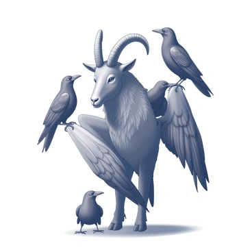 A figure representing Baphomet stands prominently in the center of the image. The figure features a goat's head with distinct horns, set against a human-like body. Several black ravens are perched on its shoulders, their feathers glistening in the light. The wings of the ravens are partially spread, exhibiting intricate feather patterns. The surrounding area is simplistic, allowing focus on the central figure and the ravens. The overall scene conveys a sense of mystique and symbolism, with the birds appearing attentive and poised.