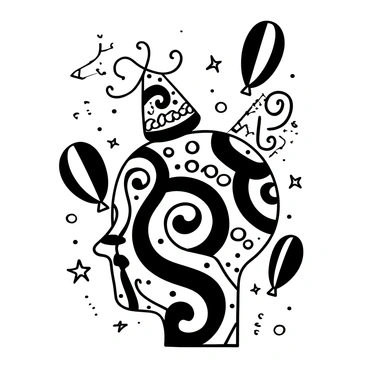 A head with intricate patterns painted in various shapes and designs. The colors are vibrant and festive, adorned with swirls and geometric patterns. The background features decorative elements such as balloons and streamers, enhancing the celebratory atmosphere. There are sparkling stars scattered around, adding to the festive feel.