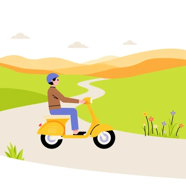 A bright yellow moped is driving along a winding countryside road. The road is lined with lush green grass and wildflowers in various colors. In the distance, rolling hills are bathed in the warm glow of the sunrise, casting long shadows across the landscape. The sky is a gradient of soft oranges and light pinks, indicating the early morning. A few fluffy white clouds float gently, adding to the peaceful atmosphere. The moped rider, wearing a blue helmet and a brown jacket, enjoys the fresh air as they ride.