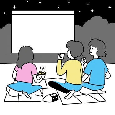 A group of three friends sitting on a checkered blanket laid on the grass. Two of them are leaning back on their elbows, looking up at a white screen where a movie is being projected. One friend is holding a bowl of popcorn, and another is sipping from a drink. The night sky is filled with stars, illuminating their relaxed expressions. A small portable projector sits on the ground, casting the film onto the screen.