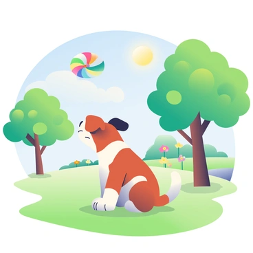 A brown and white dog with floppy ears is sitting on the bright green grass in a park. The dog has its ears perked up and its eyes focused on a colorful frisbee soaring through the blue sky. Surrounding the dog are a few trees with lush green leaves providing shade. In the background, there are some colorful flowers blooming near a walking path. The sun is shining brightly, casting soft shadows on the ground.