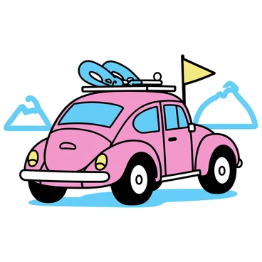 A bright red Beetle car, modified for a polar expedition, is parked on a vast, white snowy landscape. The car features reinforced tires designed for traction on ice and snow. Its roof is equipped with a sturdy metal rack, holding a set of large, blue snowshoes and a yellow ice pick. A thick layer of frost covers the windows, and a small flag flutters on a pole attached to the rear of the vehicle. In the background, snow-covered mountains rise under a pale blue sky, completing the icy wilderness scene.