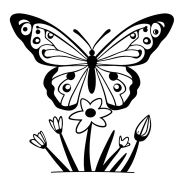A butterfly with large wings open wide, displaying intricate patterns and designs. The wings are adorned with "a full spectrum of rainbow colors" that are detailed with contrasting shapes and textures. The butterfly is perched on a delicate flower with thin stems and leaves. Surrounding the scene, there are soft outlines of other plants and flowers, adding depth to the composition.