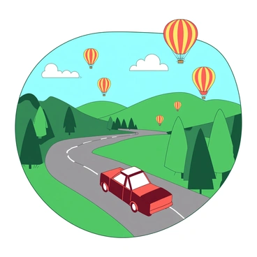 A car seen from above, driving through a landscape dotted with colorful hot air balloons