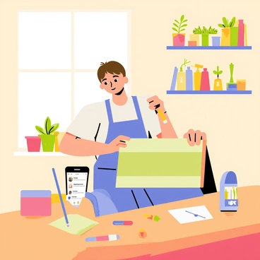 A person with short brown hair wearing a blue apron is working on a DIY project inside a bright, inviting room. They are seated at a wooden workbench cluttered with colorful tools and materials. The individual is holding a paintbrush and is applying a fresh coat of light green paint to a wooden shelf. A smartphone propped up on the bench displays a social media app with notifications, indicating progress updates. In the background, shelves lined with plants and craft supplies add a cozy atmosphere to the scene. Bright sunlight filters through a window, casting warm light across the room.