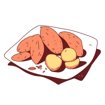 A white plate filled with several orange sweet potatoes, each showcasing their textured skin with a mix of rough and smooth areas. The sweet potatoes are arranged neatly, some whole and others cut in half to reveal their soft, creamy interior. The plate is placed on a wooden surface, with a few sweet potato leaves scattered around for added detail. Light reflects gently off the surface of the sweet potatoes, emphasizing their natural sheen and rich color.