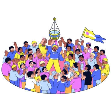 A large crowd of people gathered in an open area, raising their hands and cheering enthusiastically. In the center of the scene, a team of individuals, dressed in colorful traditional clothing, are attempting to break a "dahi handi" pot suspended from a tall structure. The pot is decorated with vibrant patterns and is filled with yogurt. The expressions on the faces of the crowd reflect excitement and anticipation, while some individuals are holding banners and flags to show their support. The atmosphere is lively and energetic.