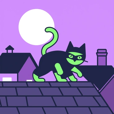 A cat wearing a black ninja outfit is stealthily moving across rooftops. The cat has pointed ears and sharp green eyes, blending perfectly with the night sky. The rooftops are made of dark tiles, and the moonlight creates contrasting shadows. The moon, large and full, casts a soft glow over the scene. In the background, silhouettes of neighboring rooftops and chimneys are visible against the nighttime sky. The cat is crouched low, one paw raised as it prepares to leap to the next rooftop.