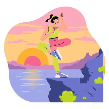 A girl practicing yoga on a cliffside at sunset. She is performing a graceful pose, standing on one leg with the other leg bent at the knee. The sky is filled with vibrant shades of orange, purple, and pink as the sun sets on the horizon. Below, the tranquil ocean reflects the sunset colors, creating a shimmering effect on the water's surface. The cliff is adorned with green shrubs and rocks, providing a natural setting for her practice. The girl's hair flows gently in the breeze, and she is wearing comfortable, colorful yoga attire.