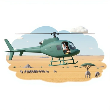 An R66 helicopter, painted in a bright green color with a sleek design, is hovering above a vast savanna landscape. Below, the golden grass stretches endlessly, dotted with acacia trees and the occasional rock formation. A wildlife observer, wearing binoculars around their neck, is leaning out of the helicopter's open door, scanning the ground for animals. Nearby, a herd of elephants can be seen walking gracefully through the grass, while a group of wildebeest grazes in the distance. The sky is clear with a few fluffy clouds, adding depth to the scene.