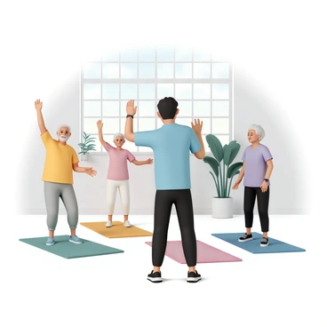 A fitness trainer, wearing a light blue shirt and black workout pants, is demonstrating gentle exercises to a group of older adults. The trainer is standing in front of three older adults, who are following along. One senior man, wearing a yellow shirt and gray sweatpants, raises his arms, while a senior woman in a pink shirt and white leggings stretches her legs. Another older woman, dressed in a lavender shirt and black pants, listens attentively. The bright and cheerful setting features large windows allowing sunlight to stream in, plants in the background, and colorful exercise mats on the floor.