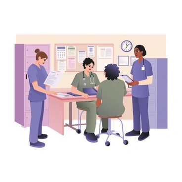 A digital flat illustration depicting a hospital nurse station. There are three nurses actively engaged in their tasks. The nurse on the left has light skin and brown hair tied in a bun, wearing blue scrubs and reading a patient chart. The nurse in the center has medium skin and curly black hair, wearing green scrubs and typing on a computer. The nurse on the right has dark skin and short hair, wearing purple scrubs, and is holding a clipboard while discussing with the other two nurses. The background contains filing cabinets and a bulletin board with medical notifications and schedules. A wall clock shows the time, indicating it is late morning.