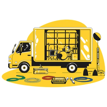 A large truck is parked with its back doors open, revealing an interior packed with various musical instruments and sound equipment. There are several electric guitars hanging on racks, a drum set carefully arranged, and amplifiers lined up in neat rows. A large mixing console is placed prominently next to a stack of microphone stands. In front of the truck, a set of colorful cables spills out onto the ground. The scene includes a few cases for instruments and a backdrop featuring the band's logo.