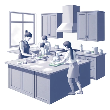 A kitchen filled with the aroma of delicious food being prepared. A family of four is gathered around a large wooden kitchen island. The mother is chopping vegetables on a cutting board, while the father stirs a pot on the stovetop. Two children are kneading dough together, with flour scattered across the counter. Sunlight streams in through a window, illuminating the warm wood finishes of the cabinets and the rustic decor. Various ingredients and cooking utensils are neatly arranged on the countertops, creating a lively cooking environment.