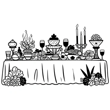 An opulent banquet table is set with an array of exotic dishes elegantly arranged. The table is adorned with fine china featuring intricate patterns. There are ornate silverware pieces gleaming alongside crystal goblets filled with beverages. Platters overflow with fruits, meats, and various delicacies. Candles are placed in ornate holders along the table, casting soft shadows on the rich tablecloth. Decorative centerpieces made of elaborate floral arrangements flank the table, enhancing the luxurious atmosphere.