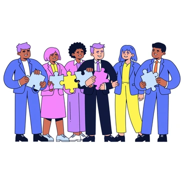 Multiple leaders of different backgrounds are standing together in a row. Each leader is depicted with distinct features representing their culture. They are all holding a piece of a colorful puzzle. The puzzle pieces are uniquely shaped and have various bright colors and patterns. The leaders are wearing formal clothing that reflects their individual styles, contributing to a sense of diversity. Each leader looks determined and engaged as they work together.