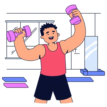An animated character with a cheerful expression is performing hammer curls. The character has short, spiky hair and is wearing a bright red tank top and black shorts. Their muscular arms are raised, holding a pair of pink dumbbells at their sides. The character has a determined look as they curl the weights upward. The background features a simple gym setting with a few exercise mats and a large window letting in sunlight.