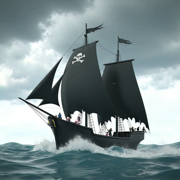 A pirate ship with tattered black sails is sailing on turbulent high seas. The ship, made of dark wood, has a skull and crossbones flag flying from the mast. Waves crash against the hull, sending splashes of water high into the air. The sky above is filled with dark, ominous clouds, adding to the dramatic atmosphere of the scene. The ship's crew can be seen bustling about the deck, some looking out at the horizon, while others adjust the sails.