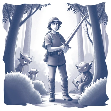An adventurer stands in a dense forest, gripping a sword with both hands. The adventurer is dressed in rugged clothing, suitable for exploration, with a look of concentration on their face. Surrounding them are various mysterious forest creatures, peeking out from behind the trees and bushes. Some creatures have large eyes and curious expressions, while others are partially hidden, blending in with the foliage. The atmosphere is tense as the adventurer scans the area, ready for any surprises. Sunlight filters through the dense canopy above, casting shadows on the forest floor.