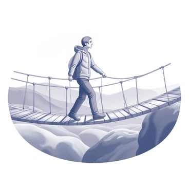 A person is walking confidently on a rope bridge that sways slightly with each step. The individual is focused on the path ahead, displaying a sense of determination. Below, the view reveals a vast landscape, including rolling hills and distant mountains, creating a striking backdrop. The bridge is made of sturdy ropes and wooden planks, and the person is dressed in practical outdoor clothing suitable for an adventurous trek. The sky above is clear, emphasizing the excitement of the journey.