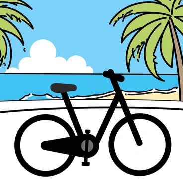 A workout bike, colored in sleek black with a minimalist design, is positioned on a balcony. The balcony is adorned with a simple railing, offering a clear view of a tropical beach. Palm trees, with long green fronds swaying gently in the breeze, line the edge of the sandy shore. The ocean is visible in the background, with gentle waves lapping at the beach. The sky is bright blue, dotted with a few fluffy white clouds. The scene conveys a sense of an active lifestyle in a serene tropical setting.