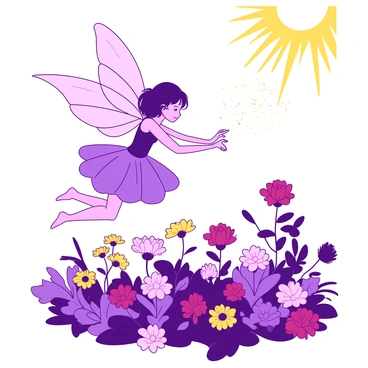 A purple fairy with delicate translucent wings is gracefully hovering above a vibrant field of flowers. The flowers are a mix of various colors, with bright yellow daisies and deep red roses scattered throughout. The fairy is sprinkling shimmering magical sparkles from her fingertips, creating a trail of glimmering light that dances in the air. Sunlight filters through the leaves above, illuminating the fairy and the flowers in a warm glow.