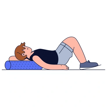 A person with short brown hair is lying on a blue foam roller, positioned horizontally beneath their back. The individual is wearing a black tank top and gray athletic shorts. Their legs are extended straight on the floor, and their arms are resting at their sides. The foam roller is textured with small bumps to aid in muscle recovery. A light source casts gentle shadows, highlighting the form and contours of the person and the equipment.