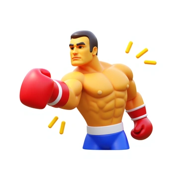 A boxer wearing red boxing gloves is in mid-action, throwing a powerful punch. The focus is on the well-defined arm muscles, showcasing the tension and movement during the punch. The boxer has a determined expression, and the position of the legs conveys a strong stance. Bright light emphasizes the contours of the muscles in the arm, highlighting the strength and athleticism involved in the move. There is an energetic feel to the image, with motion lines illustrating the swift motion of the punch.
