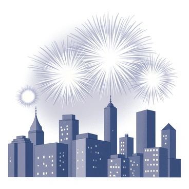 A city skyline with tall buildings and architectural details visible beneath the night sky. Several vibrant fireworks are exploding above the skyline, creating a display of light and shapes. The fireworks radiate from different points, showcasing bursts of various patterns. The buildings below are silhouetted against the bright lights, with some windows illuminated. An atmosphere of celebration is present with the presence of small crowds gathered below, observing the display.
