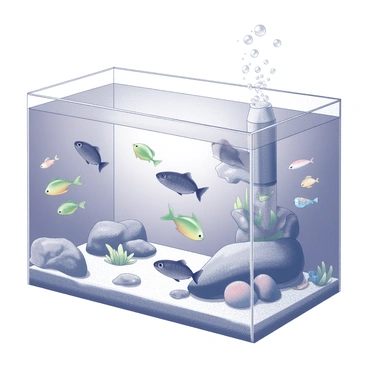 A large aquarium tank filled with water. Several cod fish are swimming among various sea creatures. The tank features a sandy bottom with decorative rocks and artificial plants. A diverse assortment of fish, including colorful tropical species, is present alongside the cod. Bubbles rise from the filtration system, creating a lively underwater environment. The tank is illuminated with artificial light, enhancing the visibility of the marine life within.