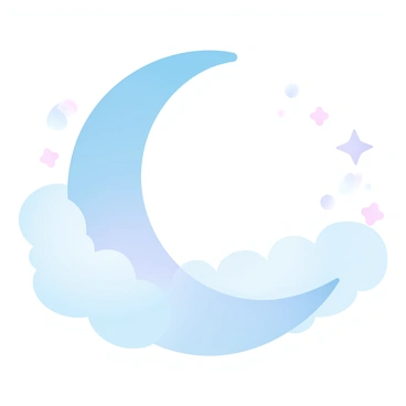 A crescent moon is gently nestled among fluffy clouds, presenting a soft, curved silhouette in a gradient of pastel colors. The moon has a serene aura, surrounded by a delicate blanket of clouds that drape around it like a cozy cover. The clouds are puffy and wispy, with subtle shades that blend harmoniously, creating a calming atmosphere. A few scattered stars twinkle softly in the background, adding to the tranquil night sky scene.