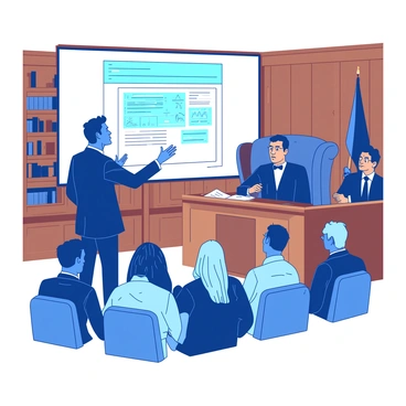 A blue lawyer standing confidently at a wooden podium is passionately arguing their case in front of a judge. The judge, dressed in a black robe, sits behind a large wooden bench, listening intently. In front of the lawyer, a diverse group of jurors is seated, focused on the presentation. The courtroom is filled with wooden paneling and bookshelves lined with law books. The lawyer's hands are animated as they gesture towards an exhibit displayed on a large screen behind them. A sense of intensity fills the air as the lawyer makes eye contact with the jurors.