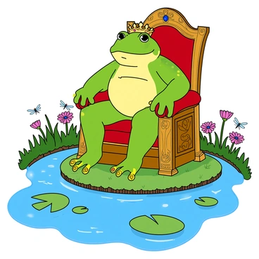 A large, regal frog with vibrant green skin and golden spots sits confidently on an ornate throne. The throne is intricately carved and embellished with shimmering jewels, positioned on a small, grassy island within a sparkling pond. The frog wears a small, gleaming crown adorned with colorful gemstones that catch the sunlight. Around the pond, lily pads float gracefully on the surface, and delicate dragonflies flit about, adding life to the serene environment. In the background, lush greenery surrounds the pond, with colorful flowers blooming near the water's edge.