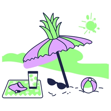 A beach scene with an umbrella designed to look like a pineapple top