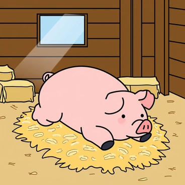 A plump pig with a round belly and soft pink skin is lying comfortably on a thick pile of golden straw. The pig's eyes are half-closed, displaying a peaceful expression. Surrounding the pig, the rustic barn has wooden beams and walls, adding to the cozy atmosphere. A few scattered bales of hay are positioned around the barn, enhancing the warmth of the scene. Sunlight filters through a small window, casting gentle light across the pig and illuminating the hay.