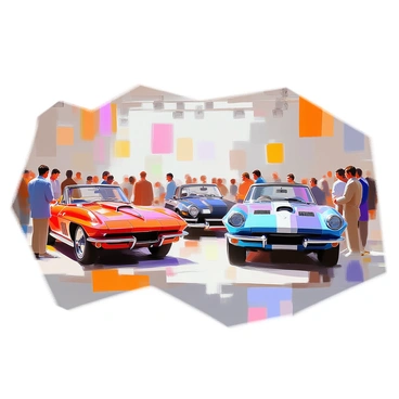 An exciting vintage car auction taking place in a spacious venue filled with classic cars. The scene features several stunning vintage cars, including a bright red convertible, a sleek black coupe, and a polished blue sports car, all displayed prominently. Potential buyers, a diverse group of people, are observing the cars with interest. Some are examining the vehicles closely, while others are engaged in conversation. The atmosphere is vibrant, filled with anticipation and excitement as bidders prepare to make their offers.