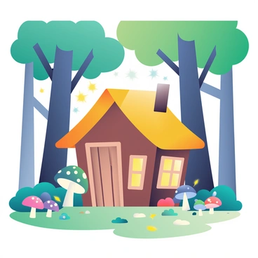 A small cabin in an enchanted forest, with glowing mushrooms and fireflies
