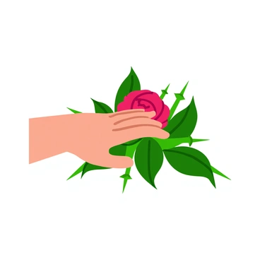 A human hand with lightly tanned skin reaches out toward a vibrant red rose. The rose is nestled amid a cluster of sharp, green thorns that protrude from the surrounding stems. The hand is partially illuminated, showcasing delicate fingers gently curving toward the soft petals of the flower. The thorns are depicted in various sizes, emphasizing their jagged nature and contrasting with the smooth surface of the rose. The overall composition highlights the tension between beauty and danger.