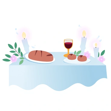 A communion table is elegantly set with a white tablecloth draping over its surface. On the table, there is a golden chalice filled with red wine, alongside a loaf of freshly baked bread resting on a decorative plate. Soft candlelight flickers from several candles placed around the table, casting warm, gentle glows on the scene. The background includes a few green leaves and simple floral arrangements, enhancing the atmosphere of the setting.
