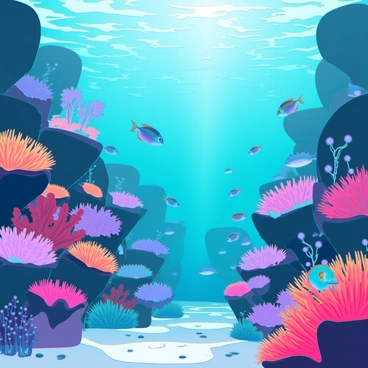 A vibrant coral reef teeming with life. The reef features various types of corals, including branching and brain corals, in a range of colors from bright orange to deep purple. Numerous fish swim among the corals; parrotfish with their colorful scales, schools of small, shimmering fish, and a larger blue tang darting through the scene. The water above the reef displays a gradient, transitioning from light blue near the surface to darker oceanic shades as it descends. Sunlight filters down, creating patterns of light and shadow on the seabed, which is covered in sand and scattered pebbles.