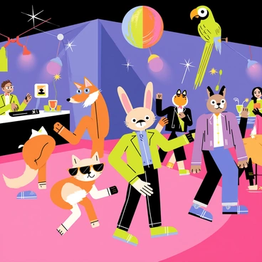 A vibrant nightlife scene inside a club filled with animals dancing energetically. A group of various animals, including a fox, a rabbit, and a parrot, are on the dance floor. The fox is wearing a shiny jacket, the rabbit has on a pair of groovy sunglasses, and the parrot is perched on a colorful disco ball above. Colorful lights flash around, illuminating the scene in shades of pink, blue, and green. The background features a DJ booth with a raccoon spinning records, and scattered tables with animal patrons enjoying drinks.