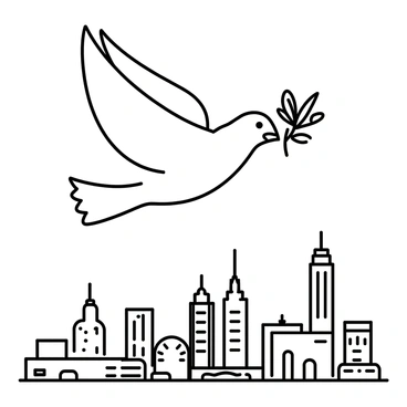 A dove carrying an olive branch labeled 'Peace' flying over a city
