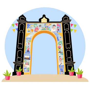 The grand entry gate of the Brighton Illustration Fair stands tall, constructed from dark wood with intricate carvings. The gate is adorned with colorful illustrations of whimsical characters and vibrant scenes that wrap around its frame. Bright banners hang from the top, each showcasing various artistic styles. The ground leading up to the gate is lined with small potted plants, adding a touch of greenery to the scene. A clear blue sky provides a backdrop, enhancing the festive atmosphere of the fair.