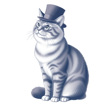 A vintage-style portrait featuring a cat. The cat is sitting upright, exuding an air of sophistication. It wears a black top hat perched on its head and a monocle secured over one eye, adding to its distinguished appearance. The fur of the cat is fluffy, with intricate details highlighting its texture. The background is a simple, muted design that complements the main subject without distraction, allowing the elegance of the cat to be the focal point of the image.