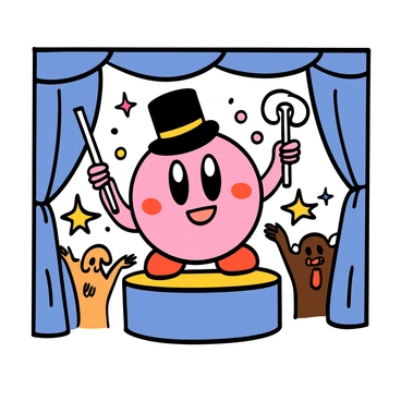 A round pink character, Kirby, with big eyes, is standing on a small stage. He is holding a black top hat in one hand and a white magic wand in the other. Kirby has a cheerful expression as he prepares to perform a magic trick. The top hat is slightly tilted, and there are colorful sparkles around him, indicating magic in the air. He is surrounded by a few enthusiastic cartoon animals, watching in excitement. The background features curtains that are drawn back, revealing the performance area.