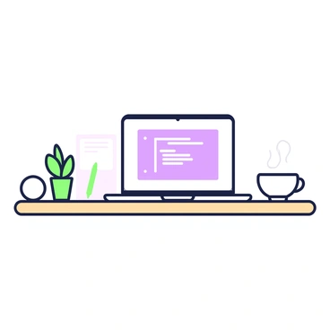 A sleek laptop is open on a minimalist workstation made of light wood. The laptop has a thin profile and a high-resolution screen displaying a code editor. To the right of the laptop, there is a white ceramic cup of coffee, steam rising gently from its surface. The workstation is tidy, with only a few essential items visible, such as a small green plant in a round pot and a blank notepad with a green pen beside it. The background is clear, emphasizing the simplicity of the workstation.